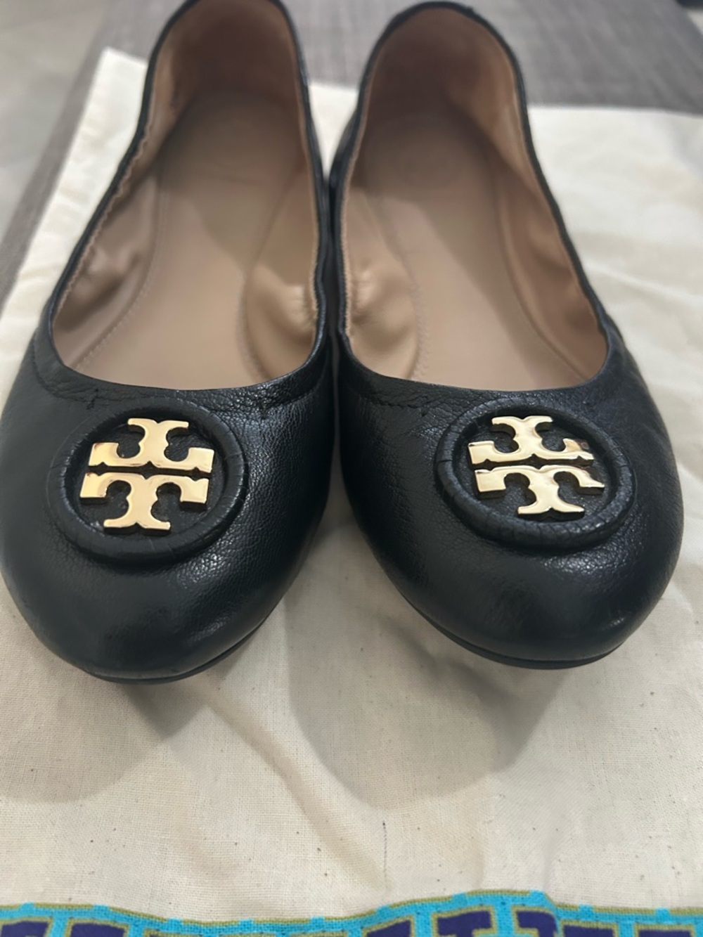 Tory Burch Black Leather Ballet Flats with Gold Logo Medallion